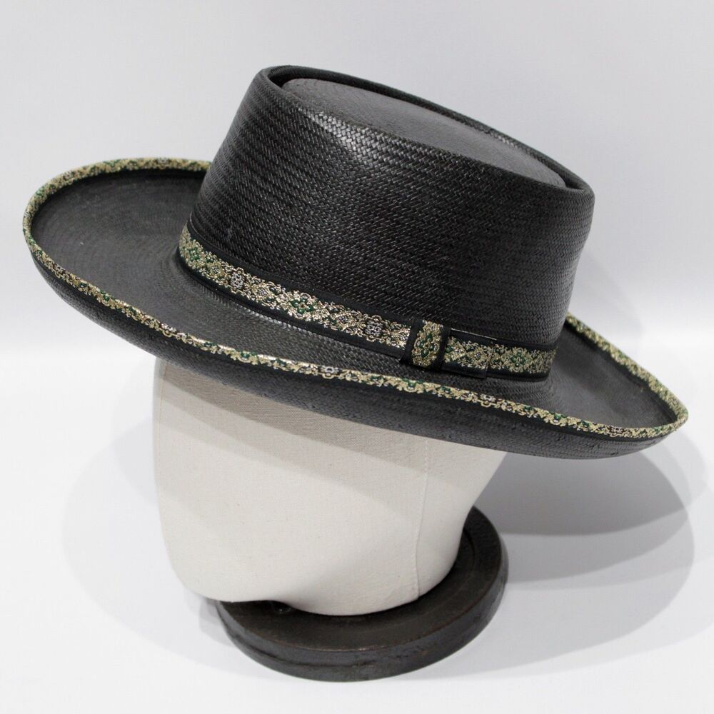 Charlie 1 Horse Women's Black Coated Straw Western Hat Gold Trim Size 7 1/8 57cm